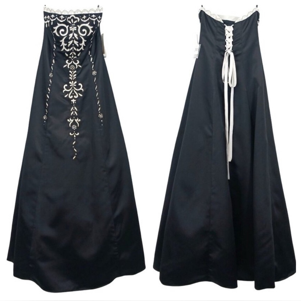 Zum Zum Vintage Strapless Black White Embellished Satin Gown Corset Back Size 1/